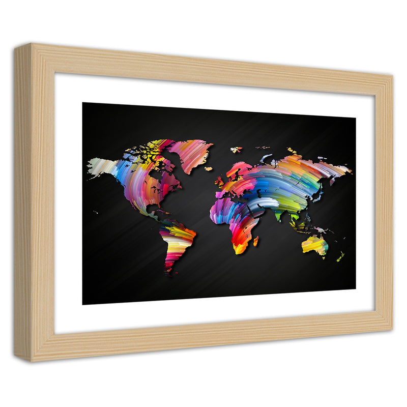 Imagen en marco natural, mapa mundial en diferentes colores.