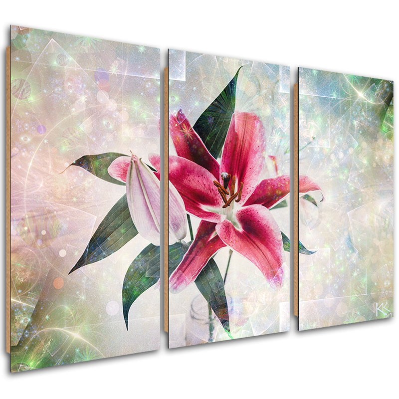 Three piece picture deco panel, Pink lily flower