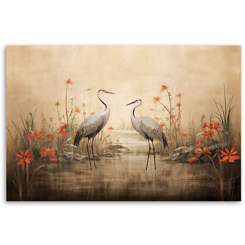 Canvas print, Cranes by the lake