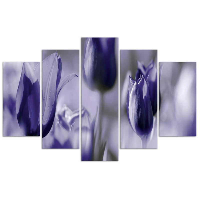 Five piece picture canvas print, Purple tulips in a meadow