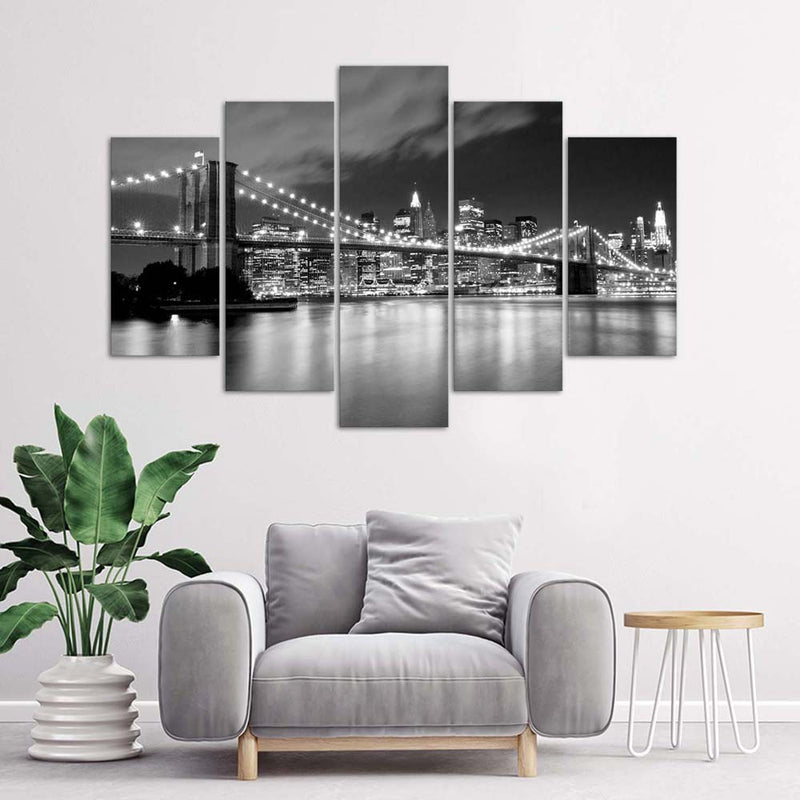 Panel decorativo con imágenes de cinco piezas, puente de Brooklyn de noche en blanco y negro