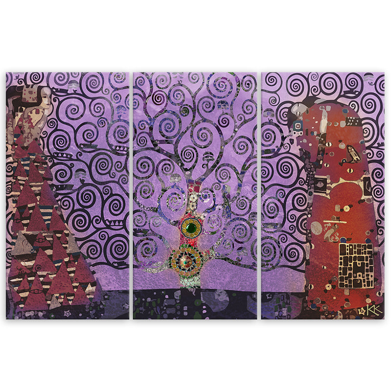 Panel decorativo de tres piezas, abstracto Violet Tree of Life