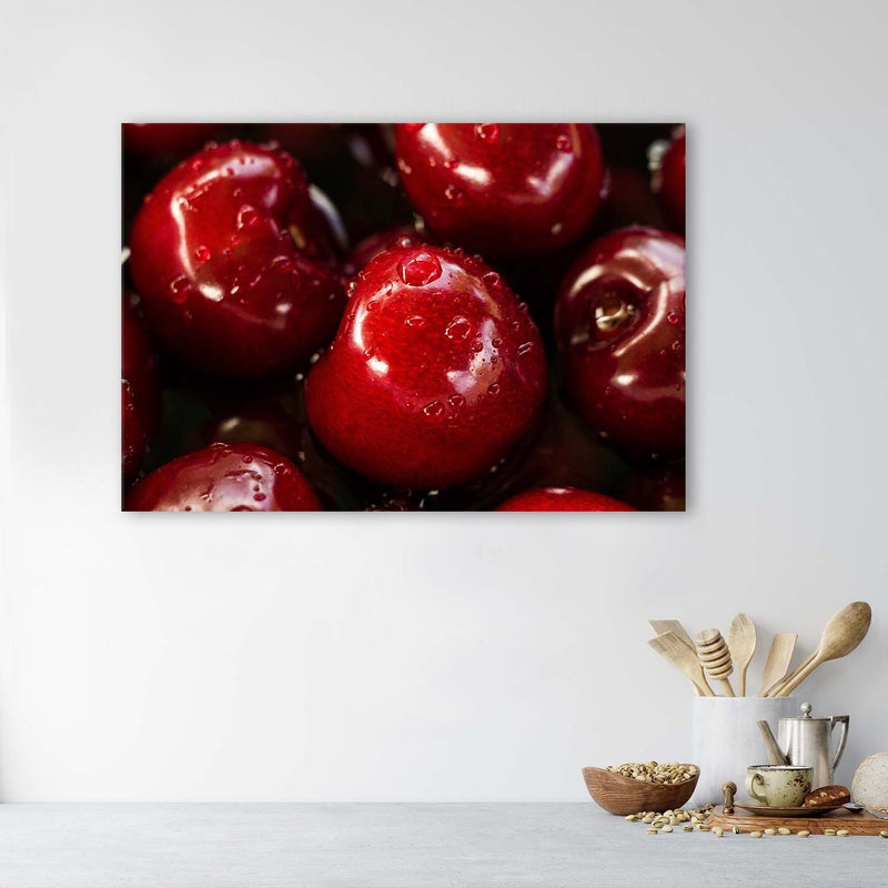 Canvas print, Cherries in drops of water