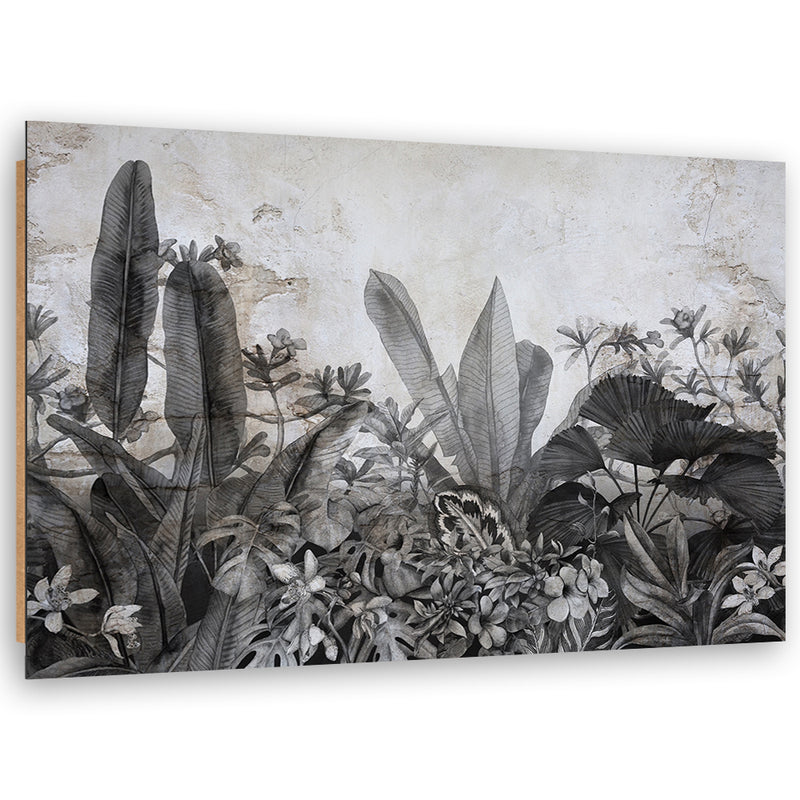 Impresión de panel decorativo, hojas en blanco y negro sobre fondo de hormigón
