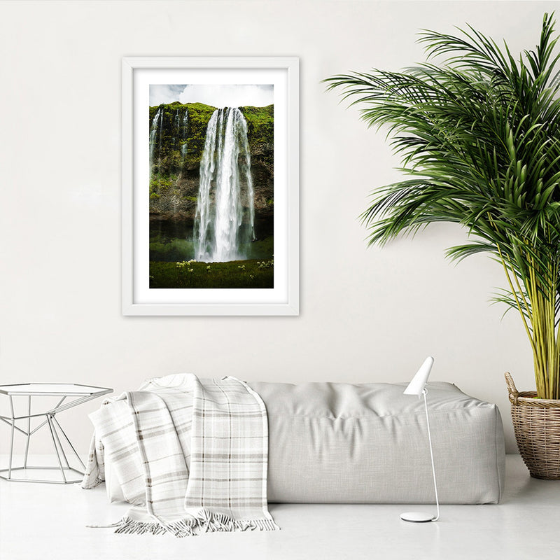 Picture in white frame, Waterfall in the green mountains