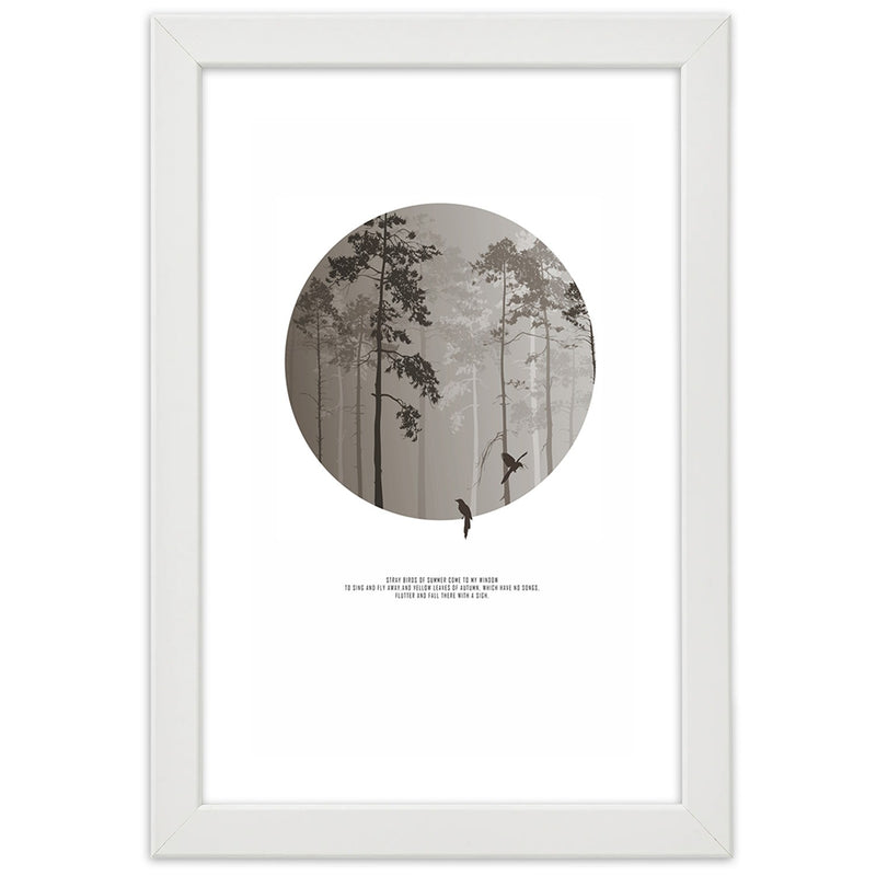 Picture in white frame, Birds in a forest