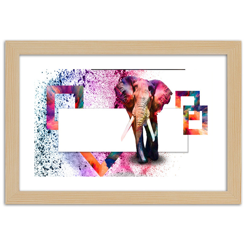 Cuadro en marco natural, Elefante de colores