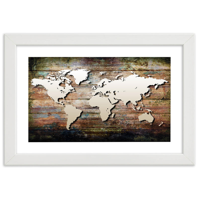 Picture in white frame, World map on old planks
