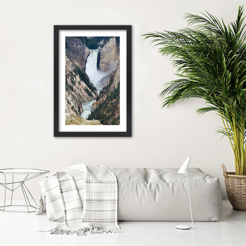 Picture in black frame, Great waterfall in the mountains