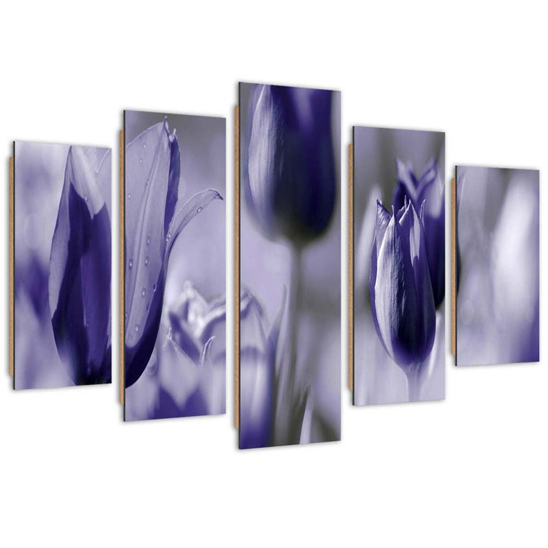 Panel decorativo con cuadros de cinco piezas, tulipanes morados en un prado