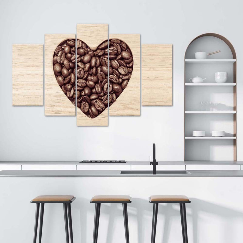 Panel decorativo con cuadros de cinco piezas, Corazón de granos de café 5 surtidos