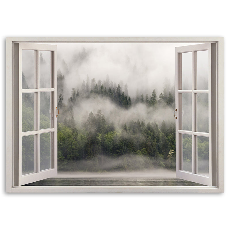 Deco panel print, Window Foggy Forest Lake