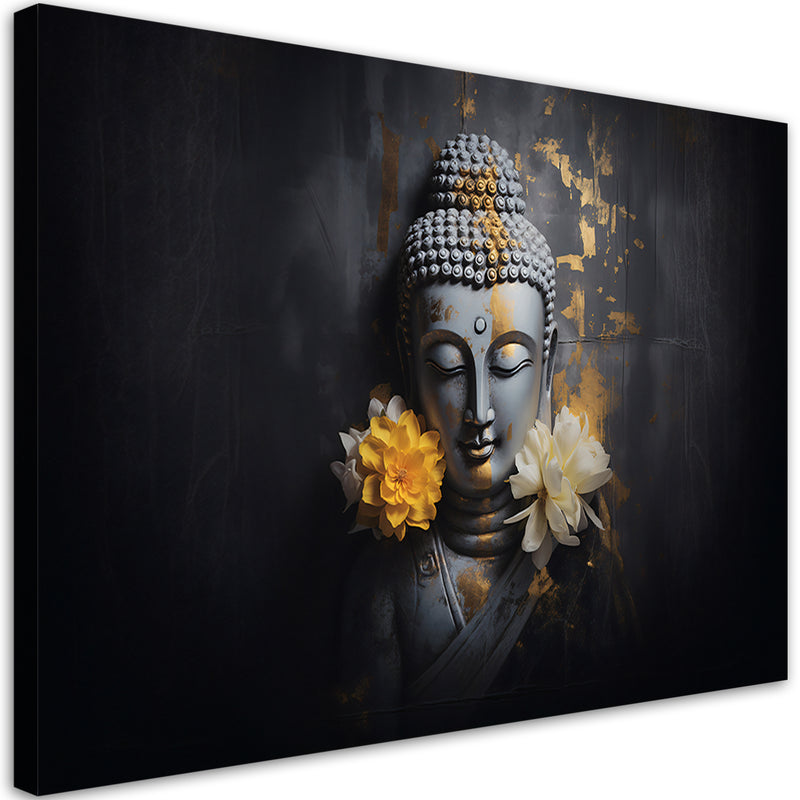 Canvas print, Grey Buddha and flowers