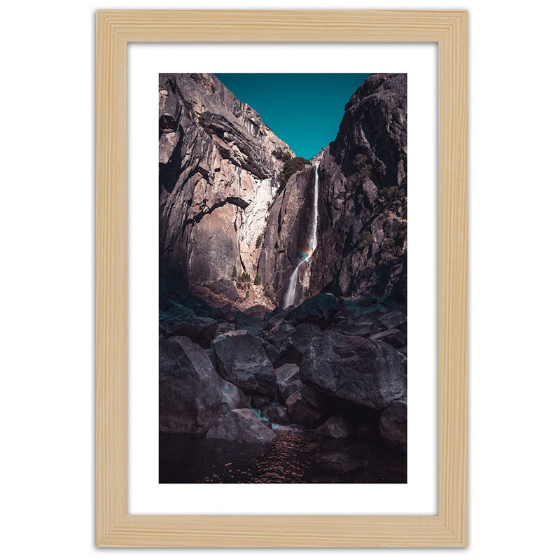 Picture in natural frame, Waterfall among high rocks