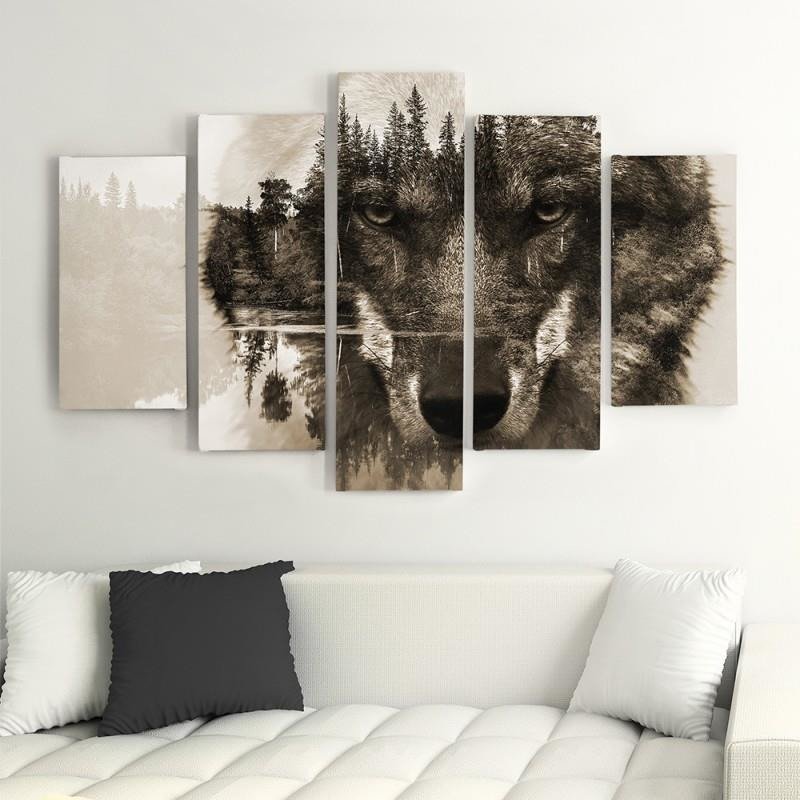 Cuadro en lienzo de cinco piezas, Lobo delante de un bosque - marrón