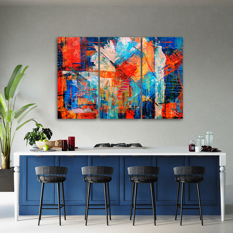 Three piece picture deco panel, Orange abstract hand painted