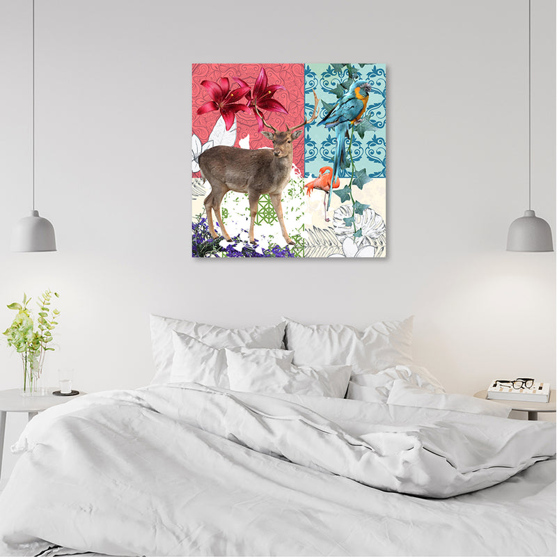 Impresión de panel decorativo, collage Deer Parrot Flamingo