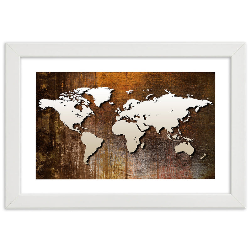 Cuadro en marco blanco, Mapa mundial sobre madera.