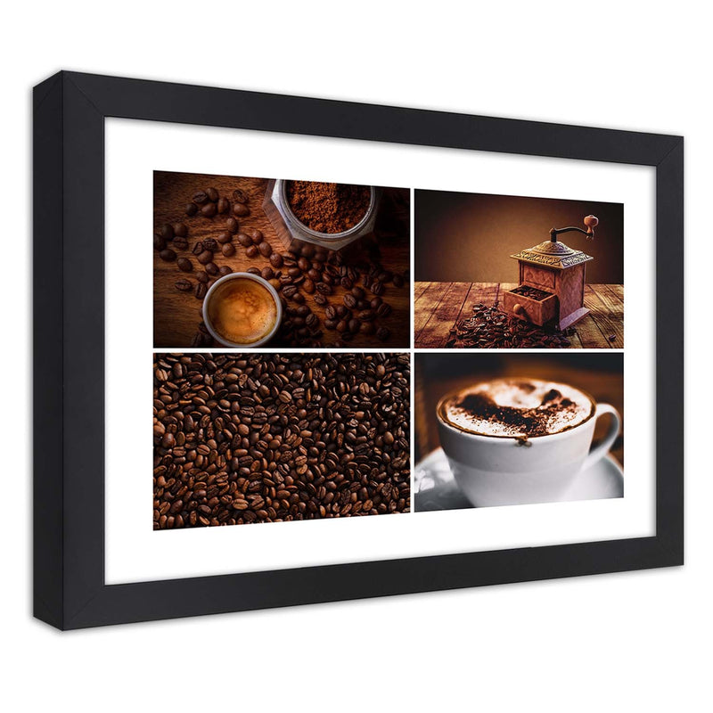 Picture in black frame, Coffee beans grinder and coffee