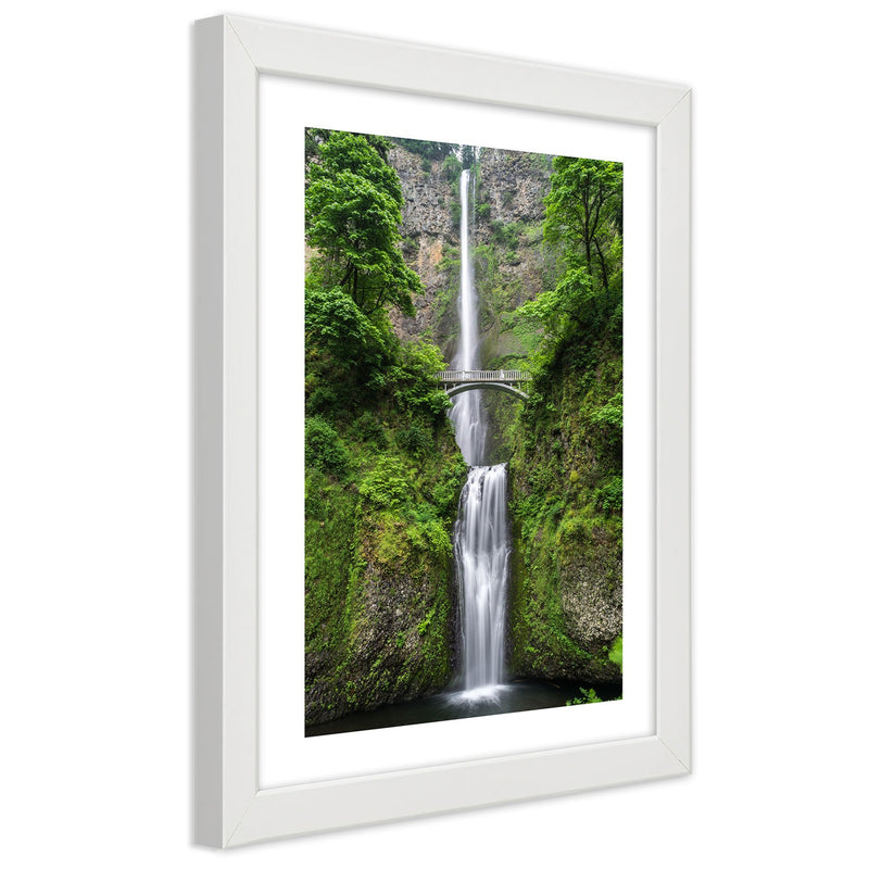 Picture in white frame, Bridge over a waterfall