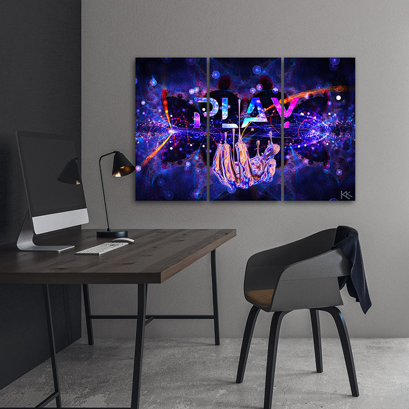Three piece picture canvas print, Neon sign Play