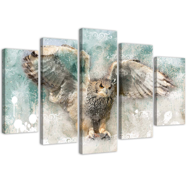 Five piece picture canvas print, Owl in flight